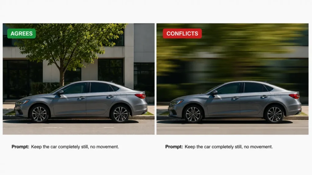 AI video image-to-video example comparing a sharp parked car with a motion-blurred reference image that conflicts with a stillness prompt