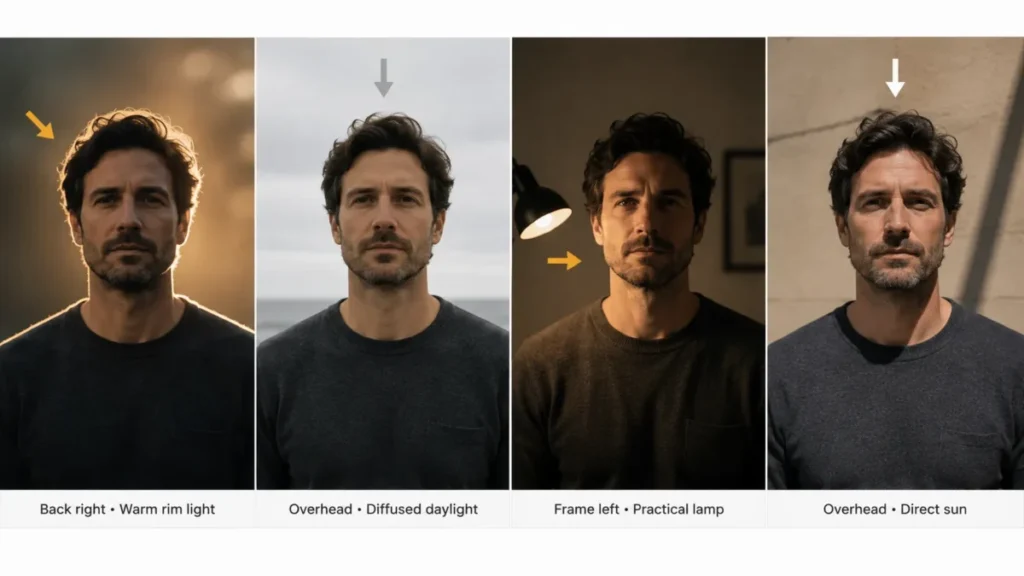 AI video lighting direction comparison showing rim light, diffused daylight, practical lamp, and overhead sun