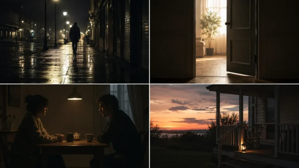 Cinematic AI video prompt examples showing four single-shot story moments