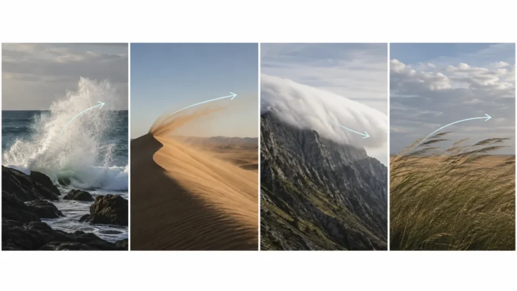 AI video outdoor scene motion examples showing waves, blowing sand, cloud spillover, and wind moving tall grass