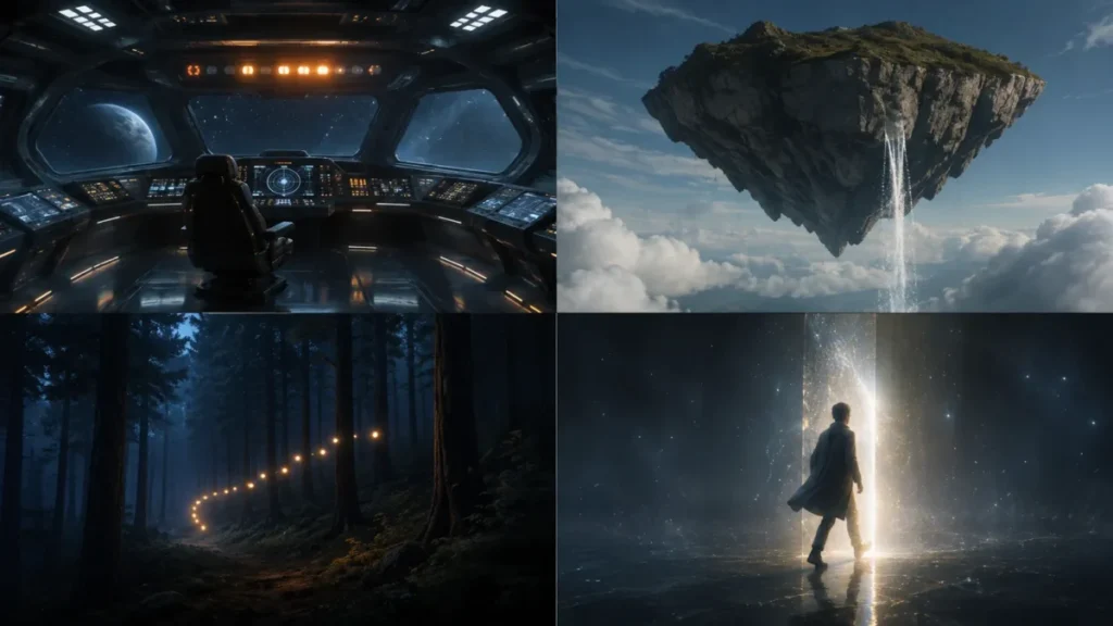 AI video sci-fi and surreal prompt examples showing a starship bridge, floating island, glowing forest lights, and portal scene