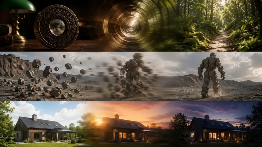 AI video transition prompt examples showing seamless object, material, and time-of-day transformations without a cut