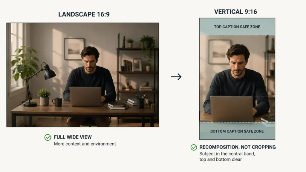 AI video vertical 9:16 versus landscape 16:9 framing comparison with caption-safe zones