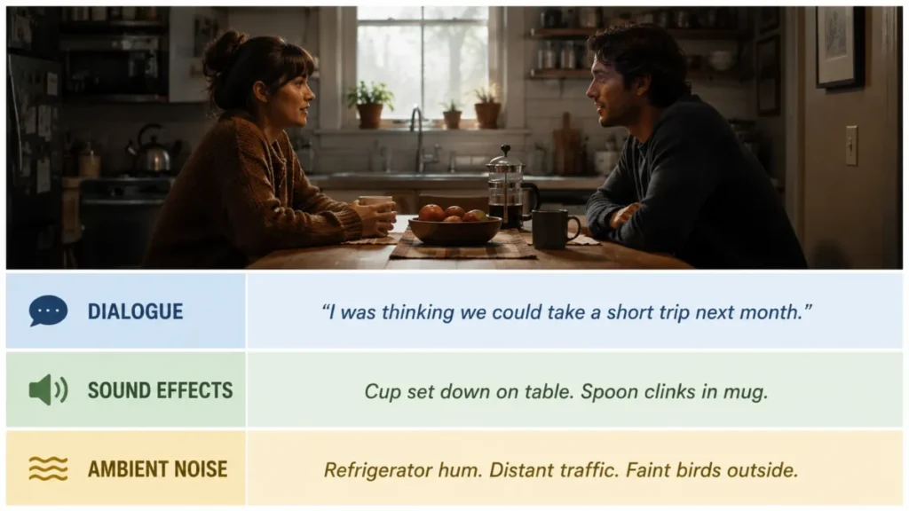 AI video prompt example separating visual direction from dialogue, sound effects, and ambient noise