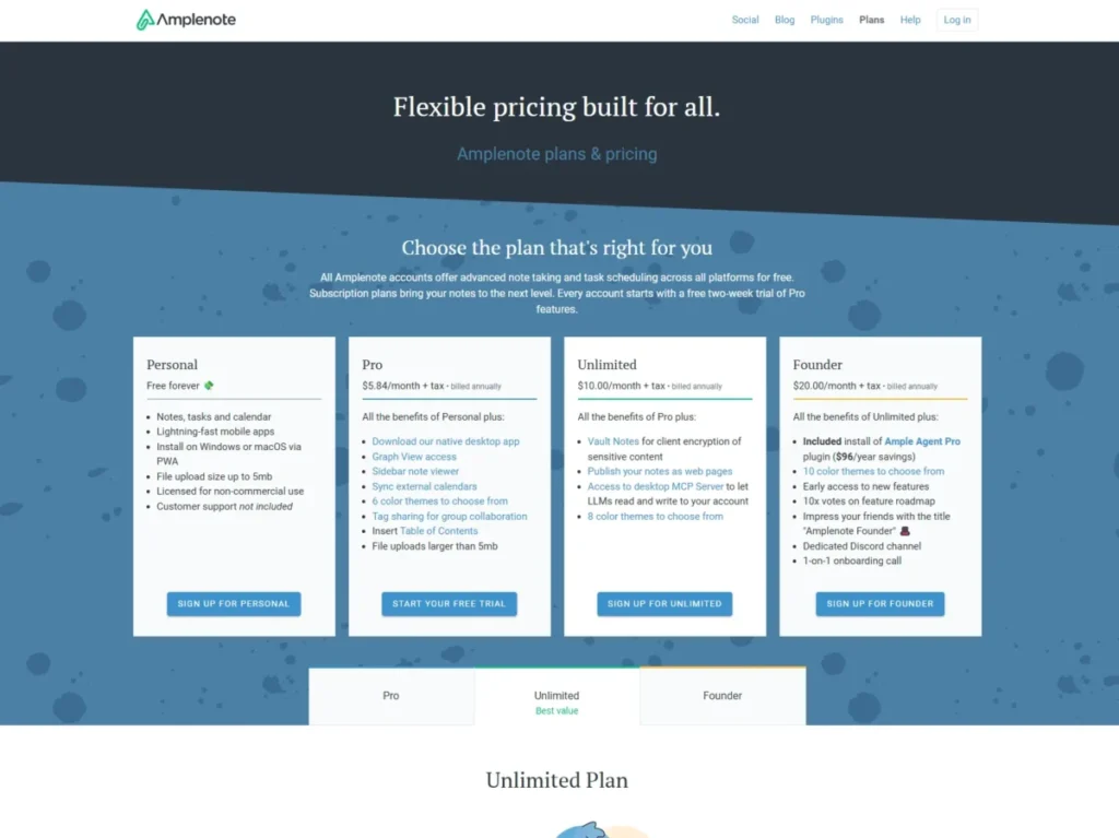 Amplenote pricing showing free Personal, Pro at $5.84, Unlimited at $10 and Founder at $20 per month billed annually