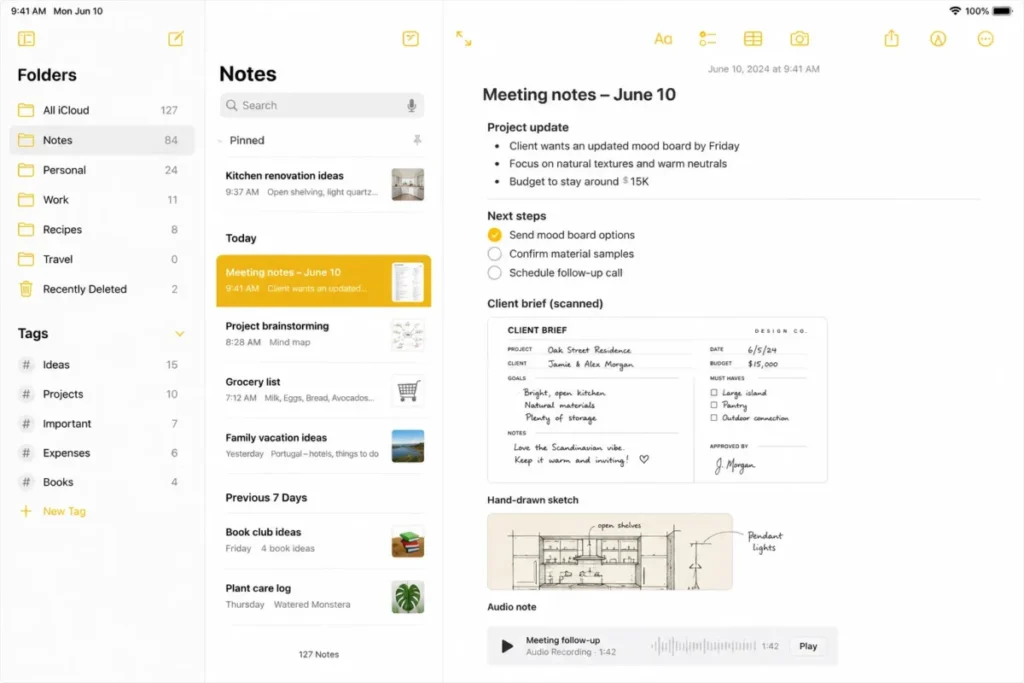 Apple Notes with folders, scanned document, sketch, and audio note