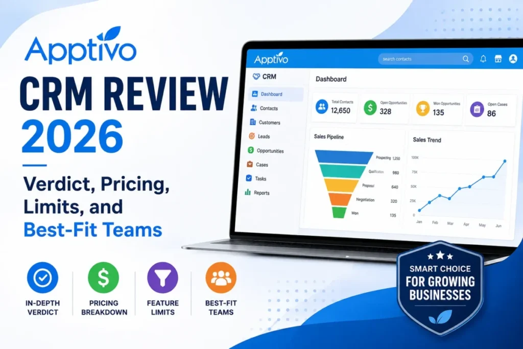 Apptivo CRM Review 2026 featuring pricing, limits, verdict, best-fit teams, and a CRM dashboard preview.