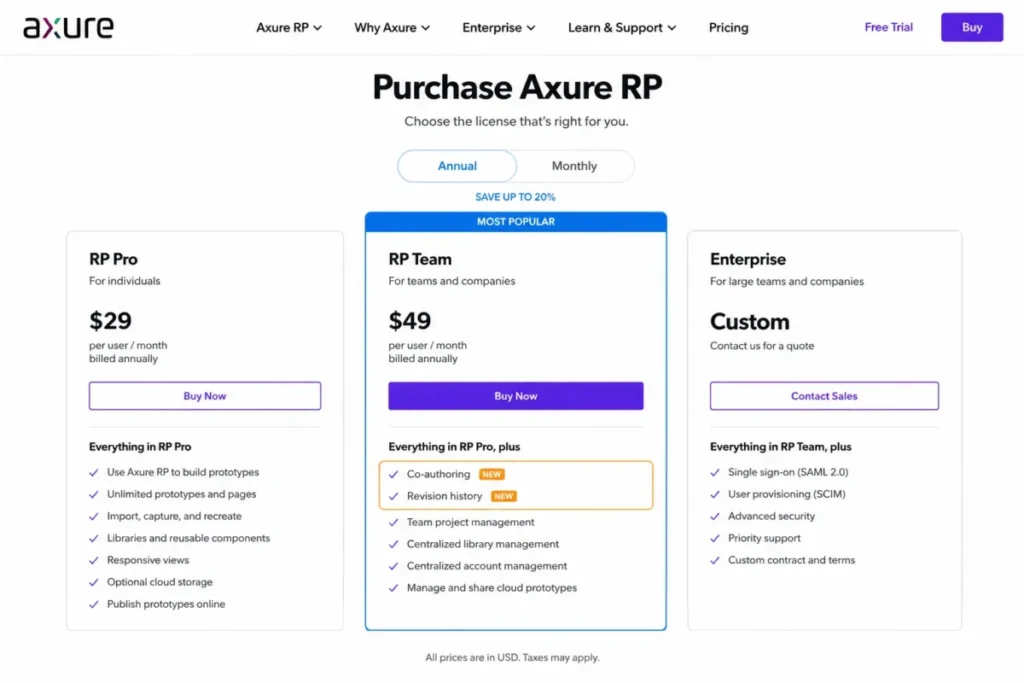 Axure RP pricing showing Pro, Team, and Enterprise plans with co-authoring and revision history