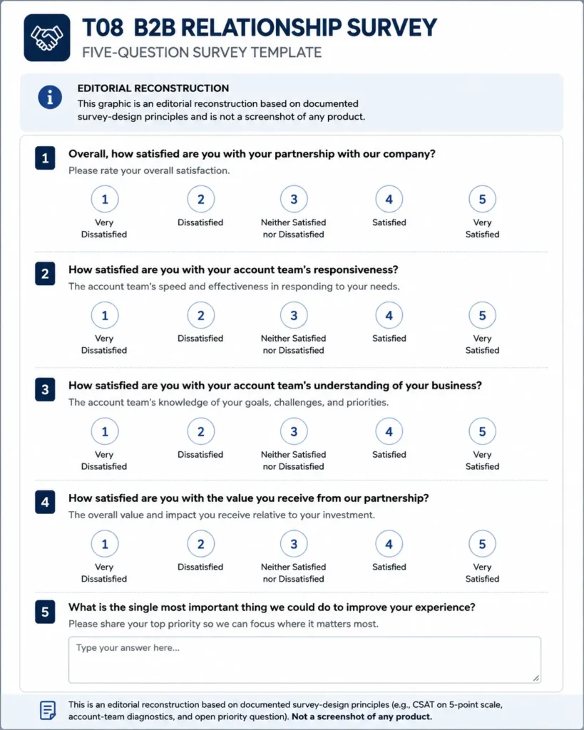 B2B relationship survey template with five questions covering overall satisfaction, account team responsiveness, business understanding, value, and improvement priorities.
