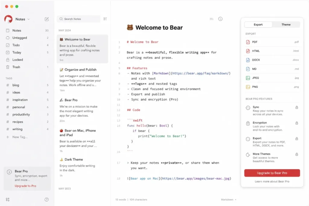 Bear Markdown editor with tags and Bear Pro export features