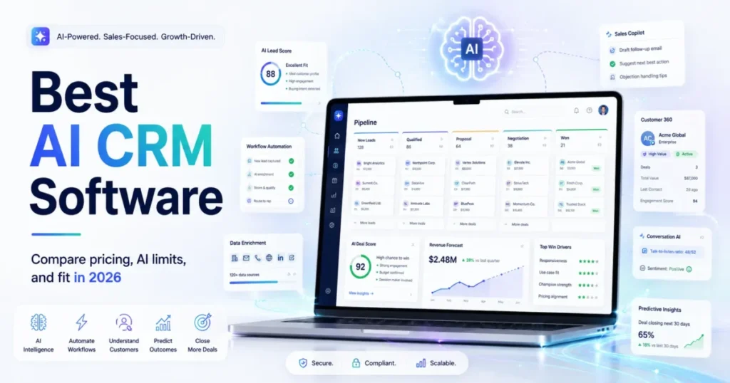 Best AI CRM software in 2026 with AI-powered sales pipeline, workflow automation, lead scoring, and predictive insights