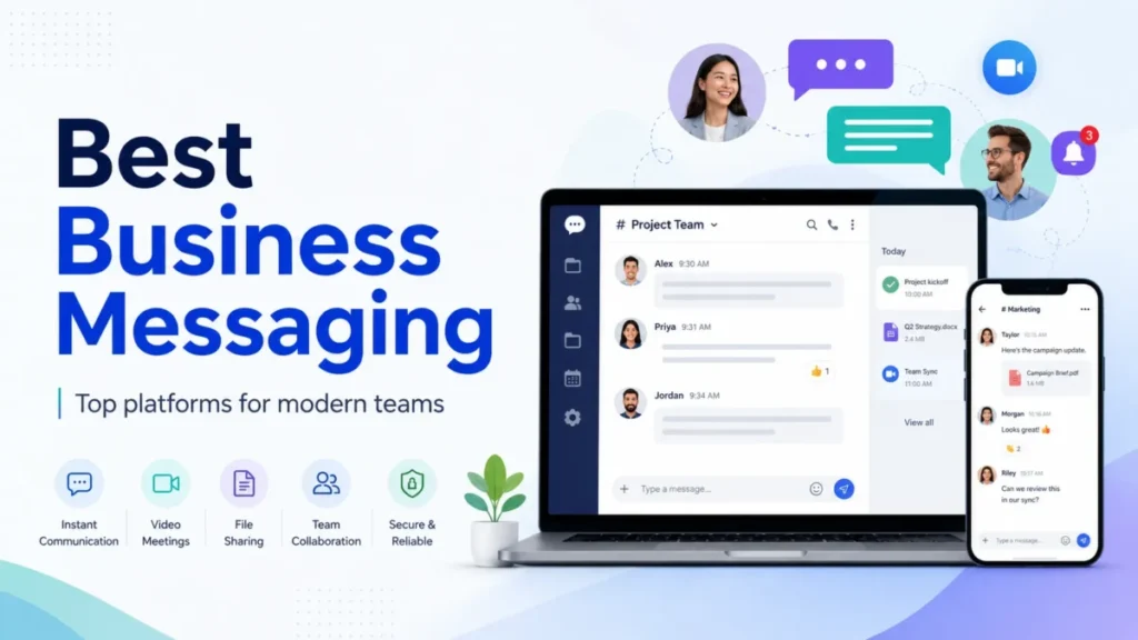 Featured image for the best business messaging platforms, showing team chat, video meetings, file sharing, and collaboration across desktop and mobile devices.