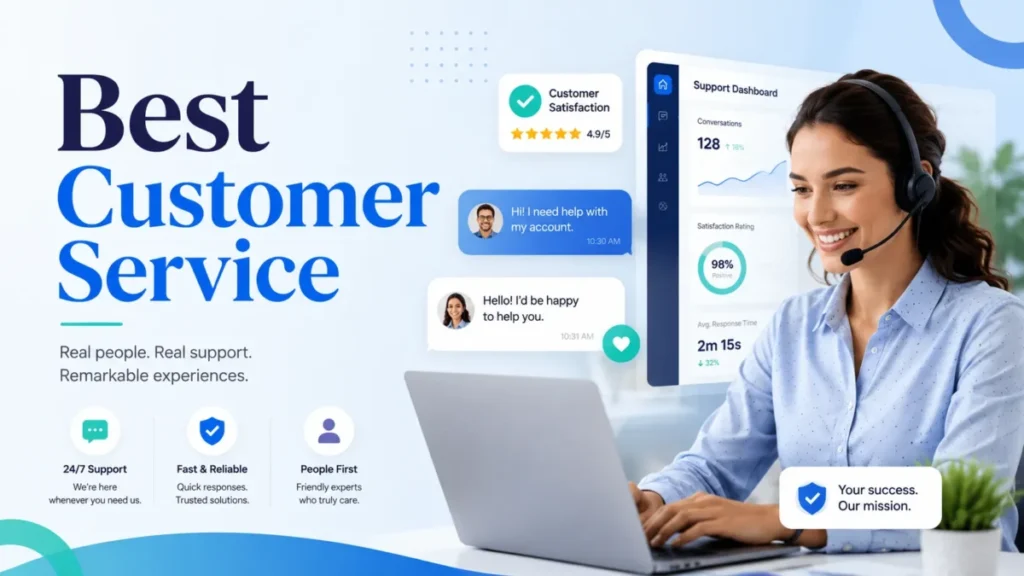 Customer service agent using a support dashboard with chat, satisfaction, response-time, and customer support metrics.