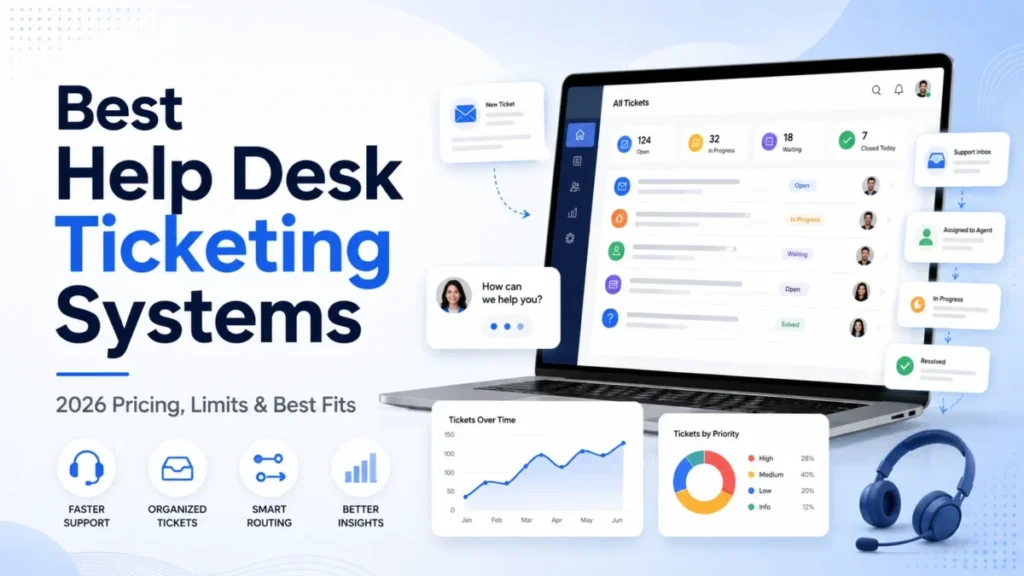 Best Help Desk Ticketing Systems in 2026 with a laptop displaying a support ticket dashboard, routing workflow, and reporting charts.