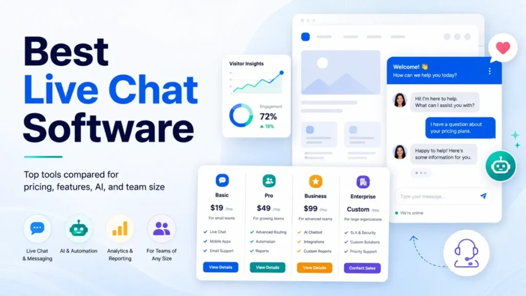 Featured image for a best live chat software comparison covering pricing, AI, analytics, features, and team size.