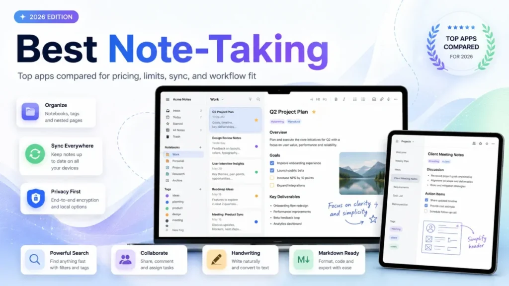 Best note-taking apps in 2026 compared by pricing, sync, privacy, and workflow
