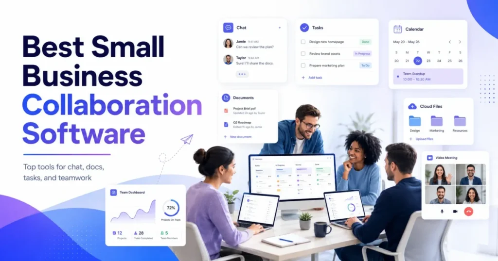 Small business team using collaboration software for chat, tasks, documents, calendars, cloud files, dashboards, and video meetings.