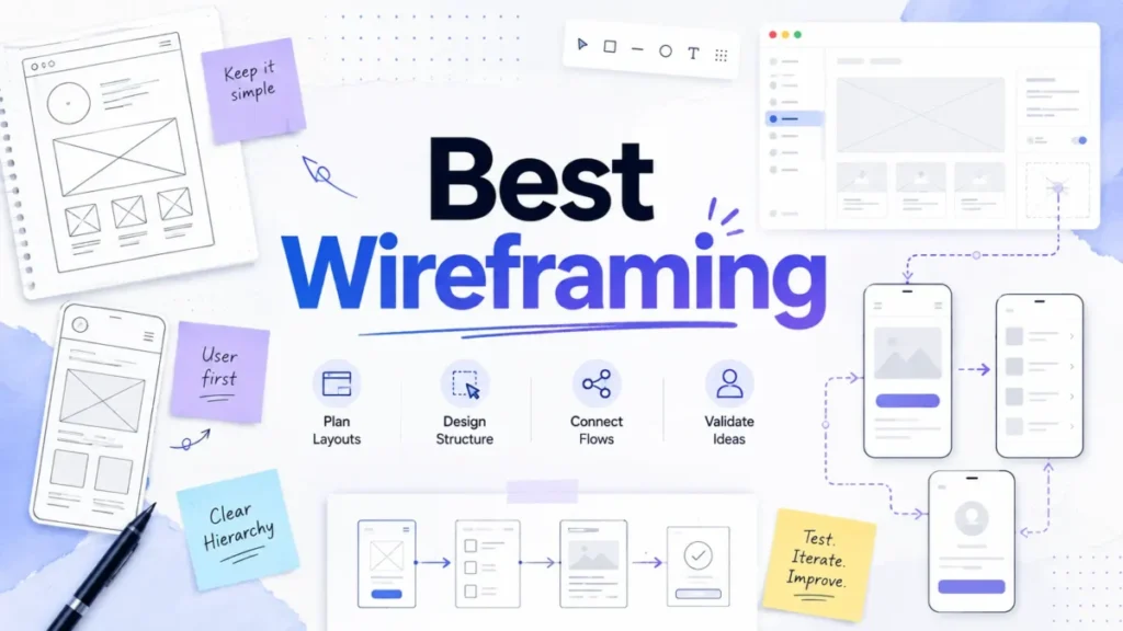 Featured illustration for the best wireframing tools of 2026, showing low-fidelity web and mobile wireframes, connected user flows, and interface planning.