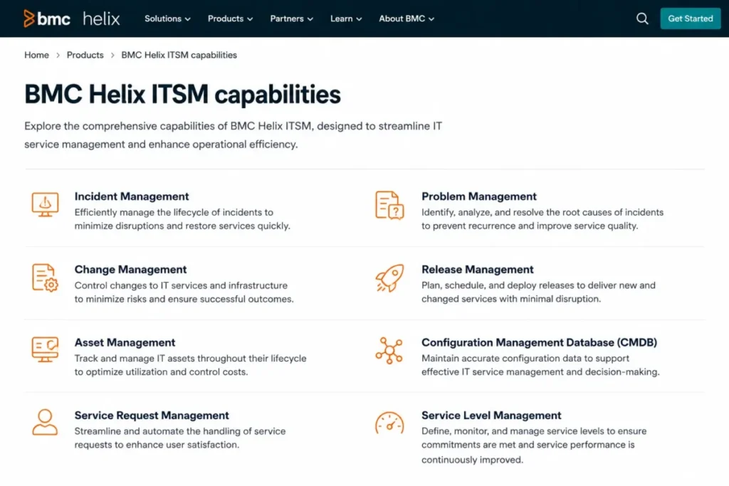 BMC Helix ITSM capabilities including incident, problem, change, release, asset, CMDB, service request and service level management.