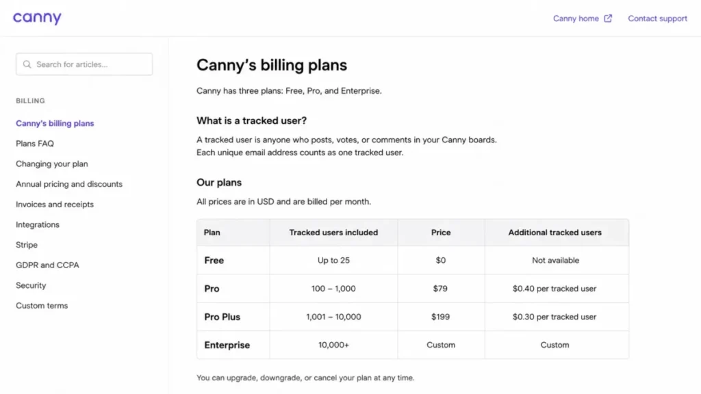 Canny billing illustration showing 25 tracked users on Free and Pro pricing starting at 100 tracked users.