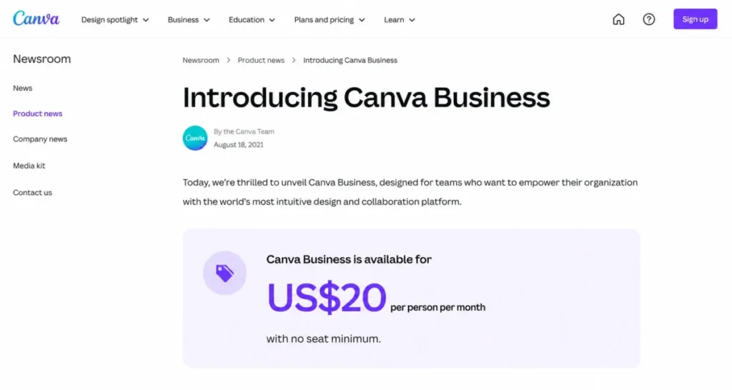 Canva Business pricing showing US$20 per person per month with no seat minimum
