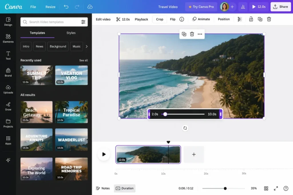 Canva video editor showing a selected video clip, trim controls, timeline and Share button