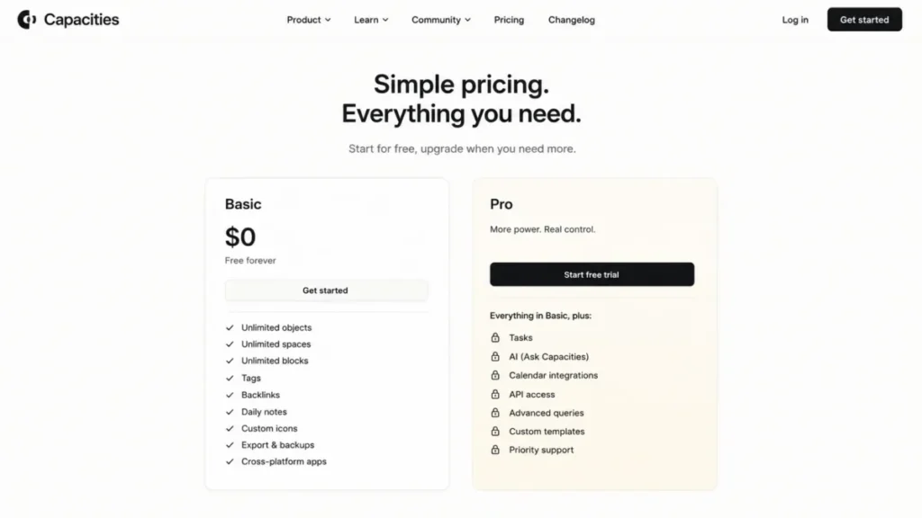 Capacities pricing showing the free Basic plan and Pro features for tasks, AI, calendar integrations and API access
