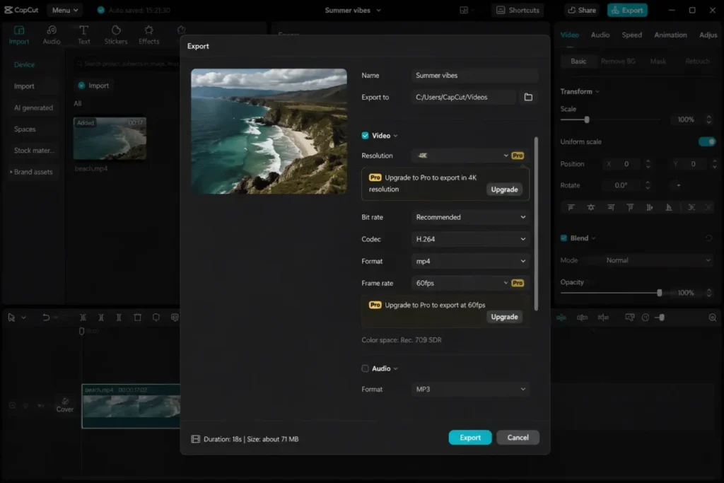 CapCut export panel showing Pro upgrade requirements for 4K resolution and 60 fps