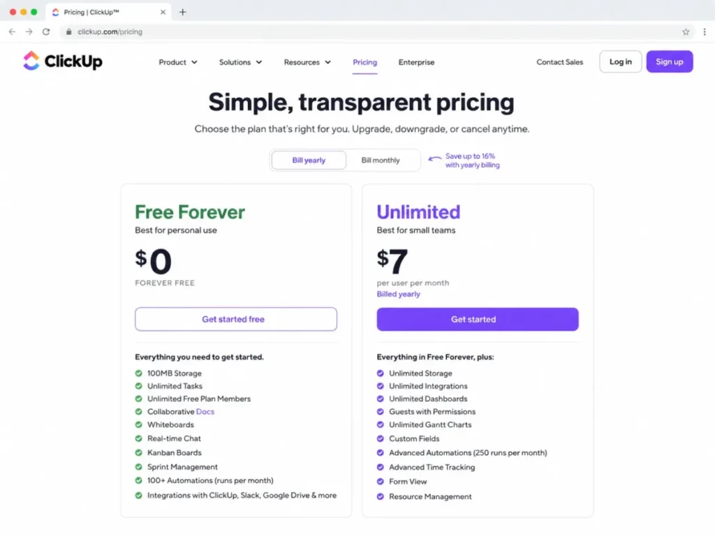 ClickUp pricing comparison showing Free Forever at $0 with collaborative Docs and Unlimited at $7 per user per month billed yearly.