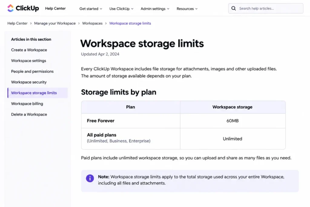 ClickUp Workspace storage limits showing 60 MB on Free Forever and unlimited storage on all paid plans.