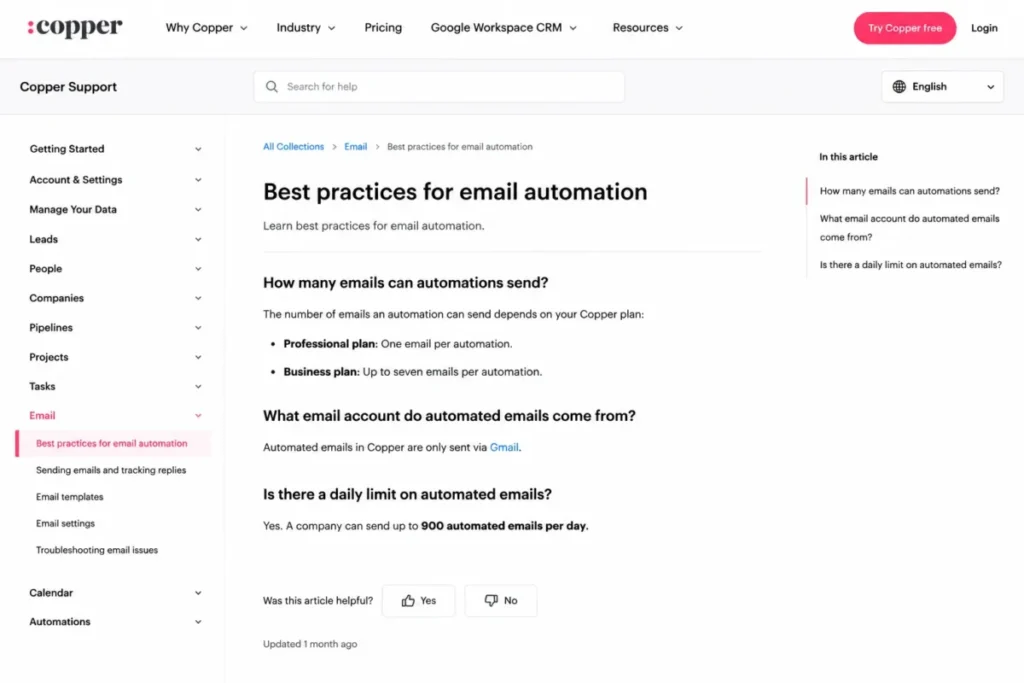 Copper email automation limits with Gmail-only sending and 900 daily email cap