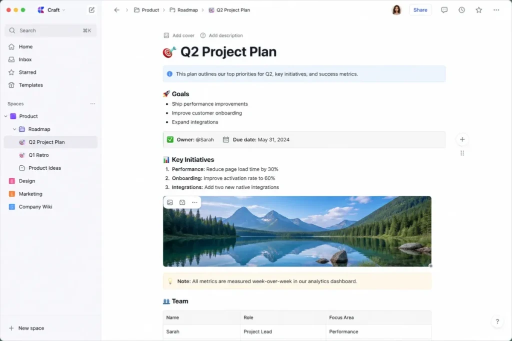 Craft document with block-based content, sidebar, and image