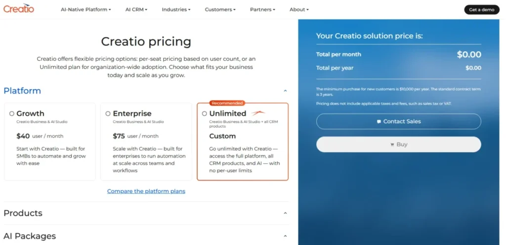 Creatio pricing showing Growth, Enterprise, and Unlimited platform plans in 2026