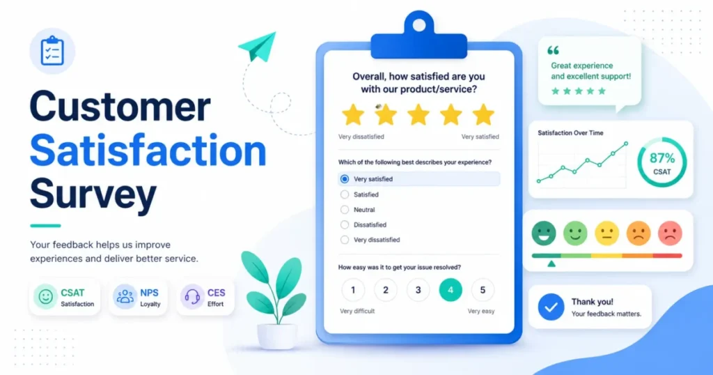 Customer satisfaction survey illustration with CSAT, NPS, CES, star ratings, feedback questions, and satisfaction analytics.