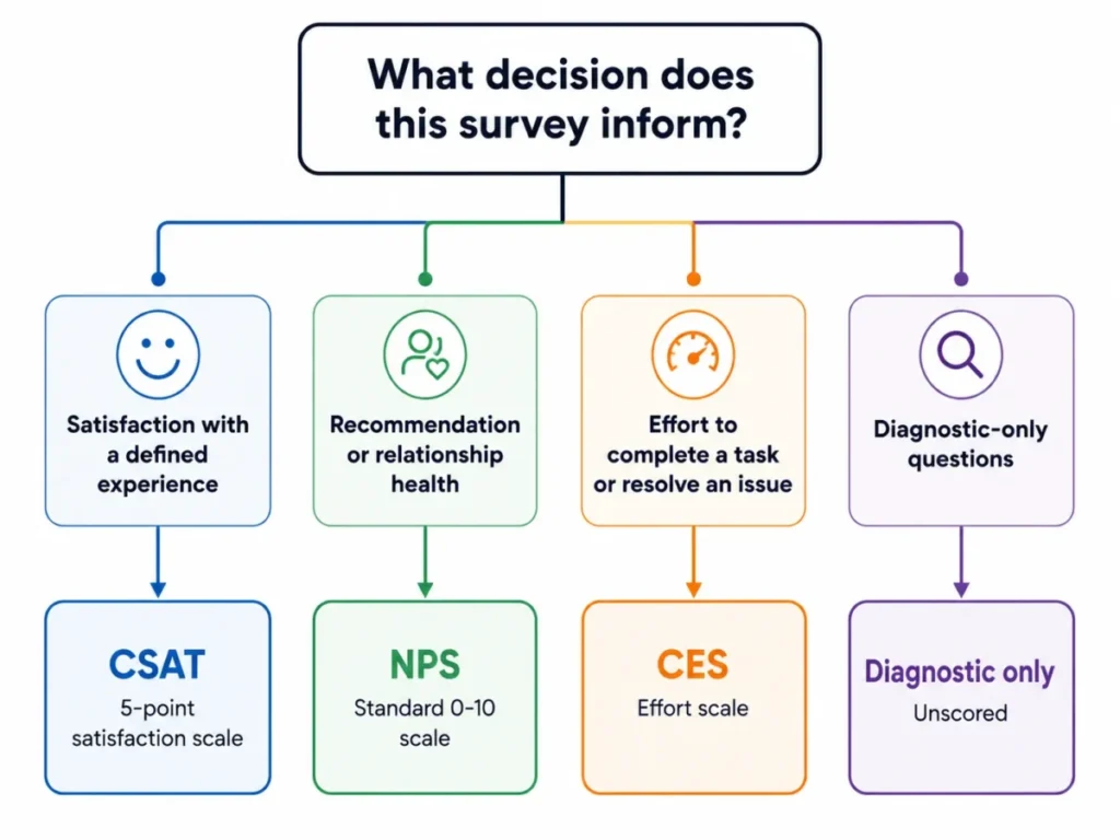 Customer satisfaction survey metric selector comparing CSAT, NPS, CES, and diagnostic-only questions.