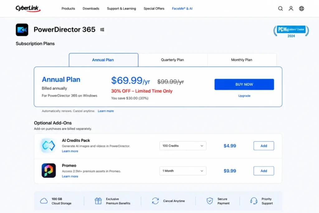 CyberLink PowerDirector 365 annual pricing with $59.99 plan price and optional add-ons