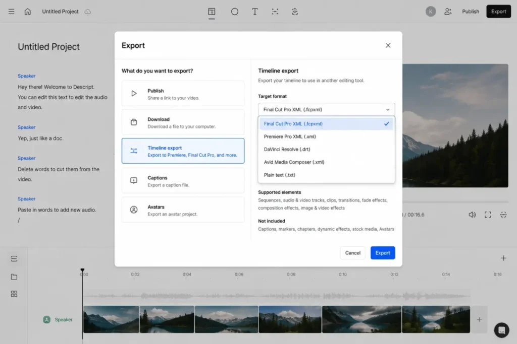 Descript Timeline export panel showing Final Cut Pro XML and Premiere Pro XML format options