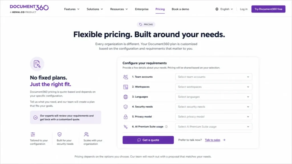 Document360 pricing configuration showing quote inputs for team accounts, workspaces, languages, security, privacy, and AI usage.