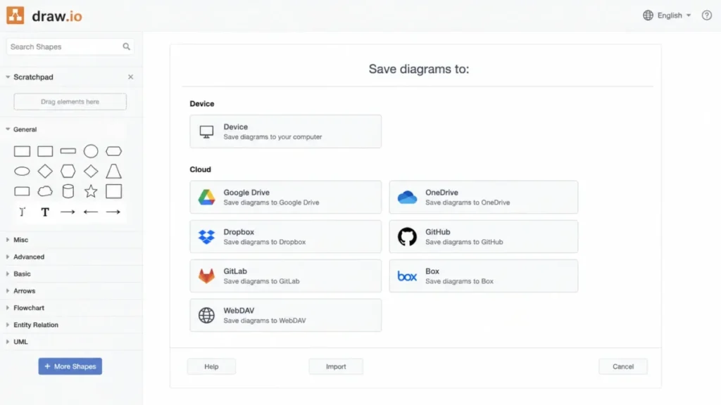 draw.io storage location chooser with device and cloud storage options