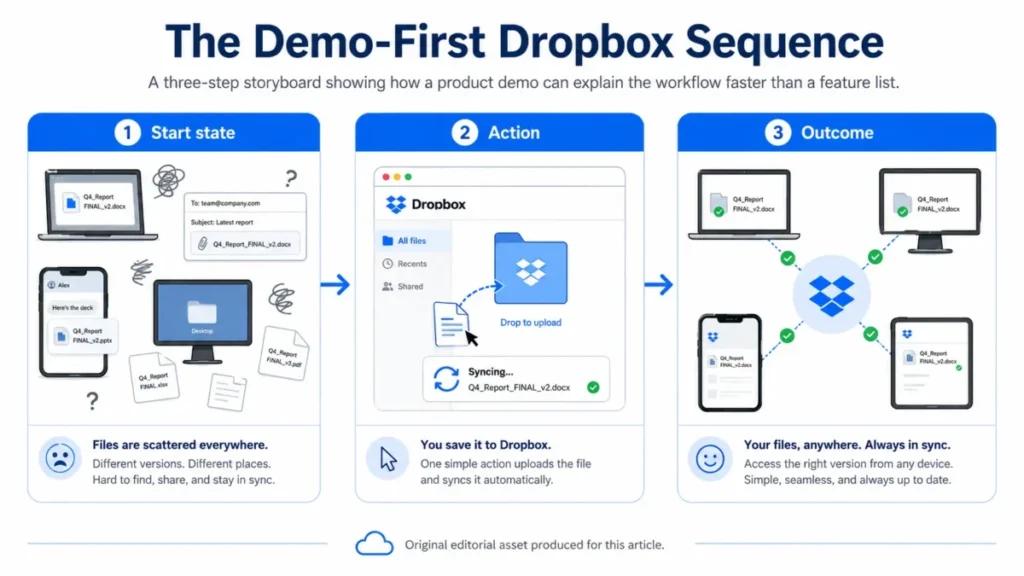 Dropbox pitch deck demo-first sequence showing start state, product action, and synced file outcome