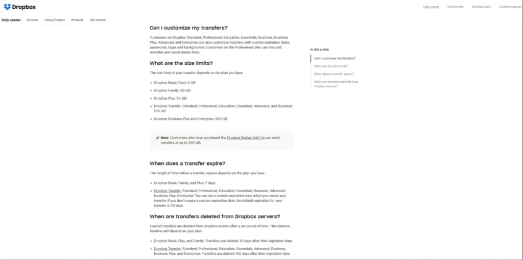Dropbox Help page showing Transfer limits of 2 GB on Basic and 50 GB on Plus and Family with 7-day expiration