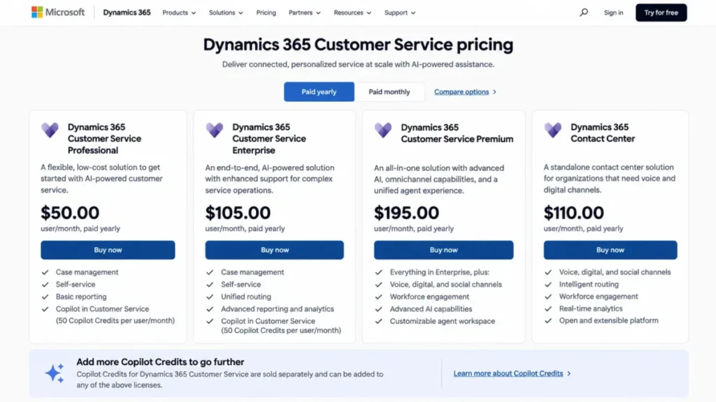 Dynamics 365 customer service platform pricing with Enterprise at $105 and Premium at $195 per user