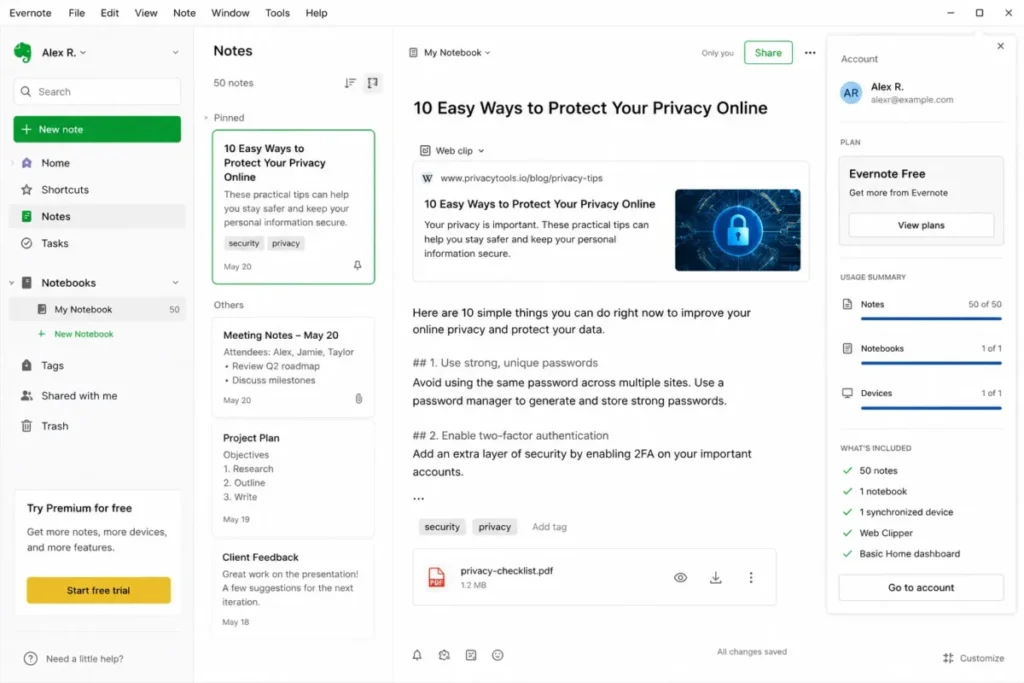 Evernote Free plan showing notes, notebook, and device limits