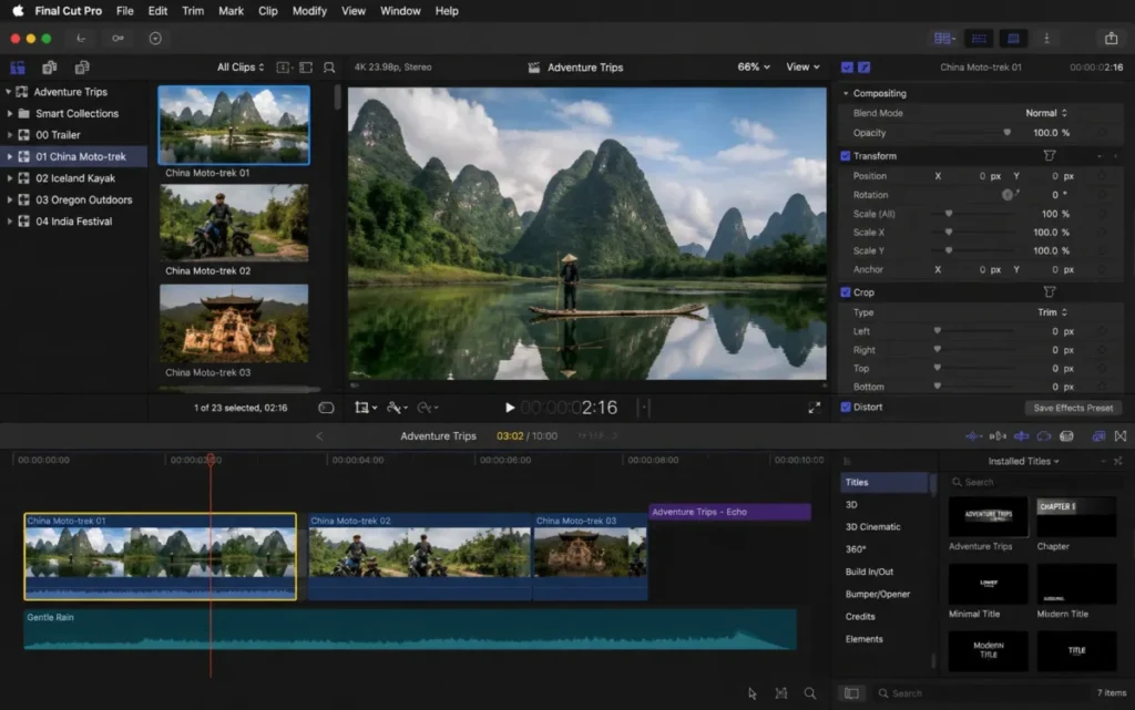 Final Cut Pro interface showing the Magnetic Timeline, selected video clip and inspector controls