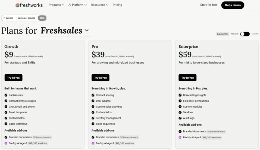 Freshsales pricing showing Growth, Pro, and Enterprise plans with Freddy AI Agent add-on pricing