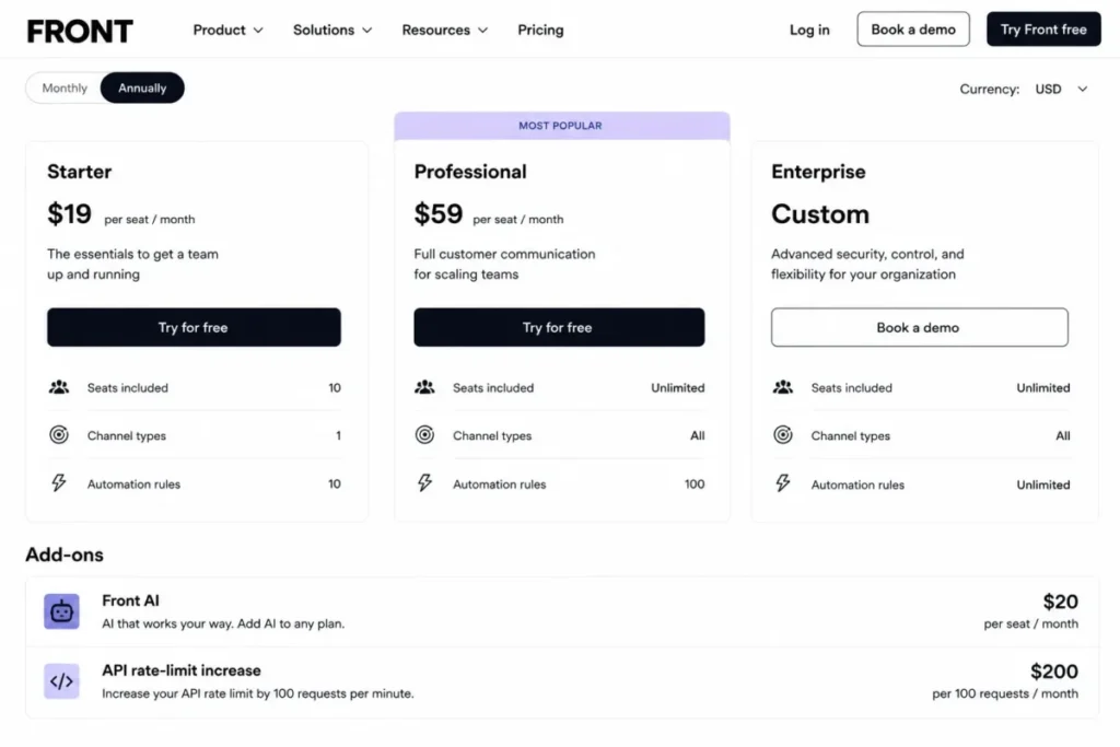 Front pricing comparison showing Starter and Professional plan limits, seat caps, channel types, automation rules, AI pricing, and API add-on cost.