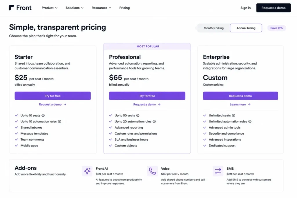 Front Starter and Professional plans showing annual pricing, seat limits, and automation rule caps.