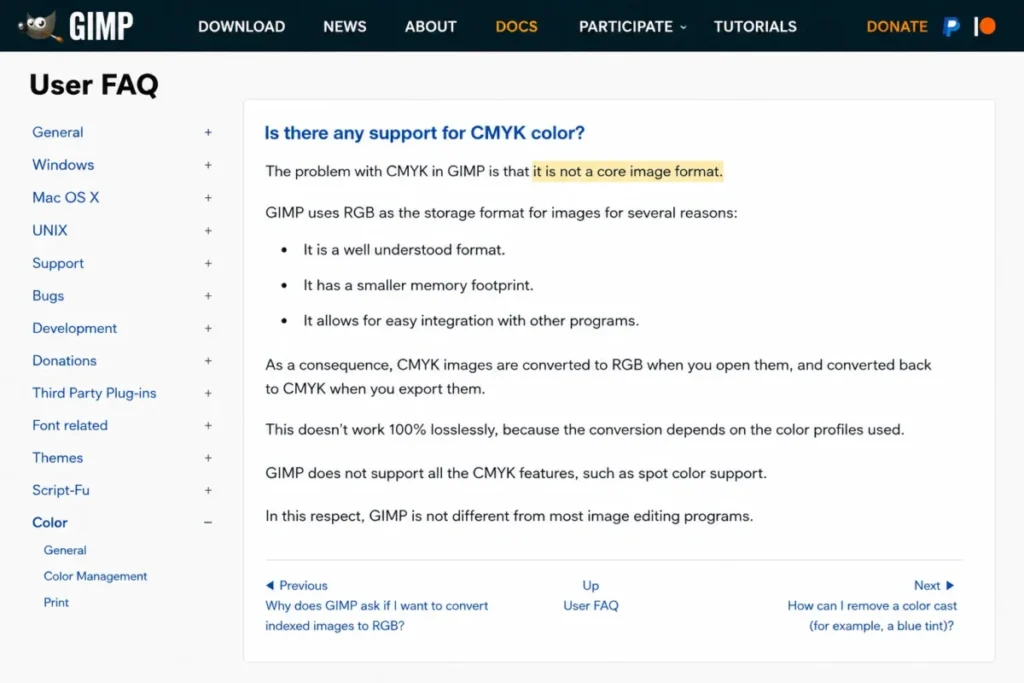 GIMP CMYK support showing RGB storage format and CMYK conversion limitations