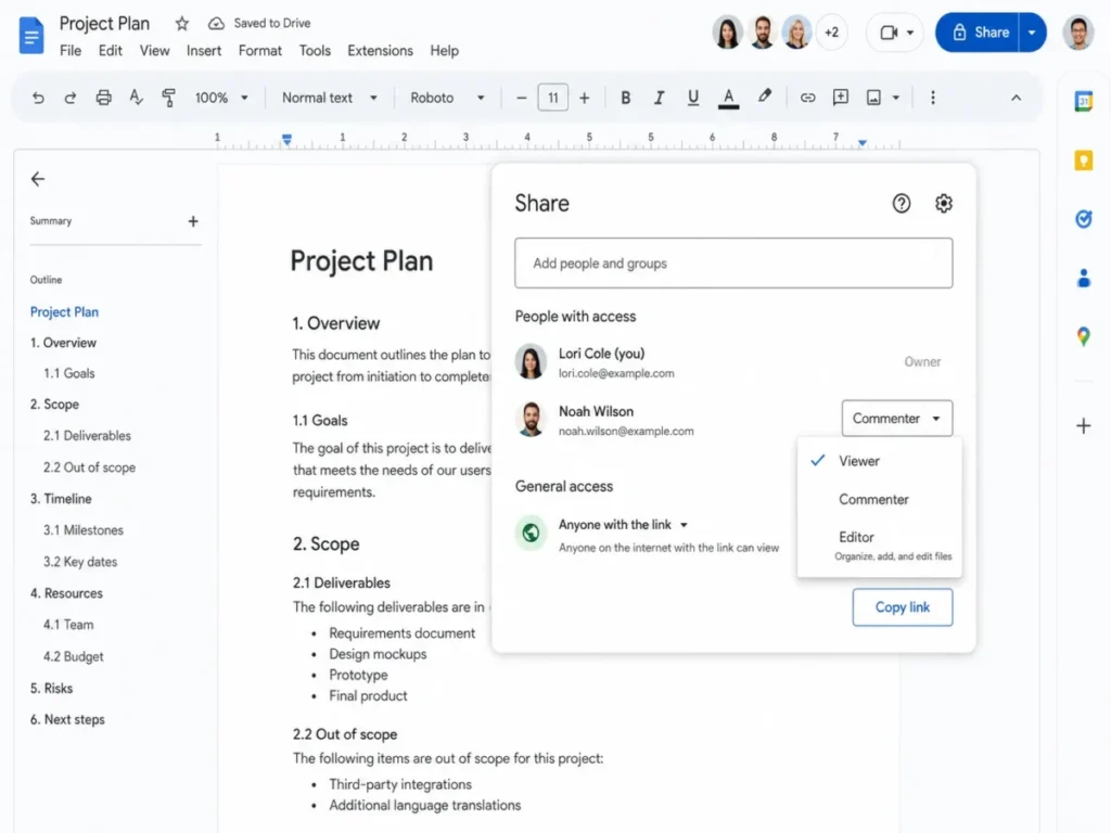 Google Docs Share dialog showing Viewer, Commenter, and Editor access roles for an invited collaborator.