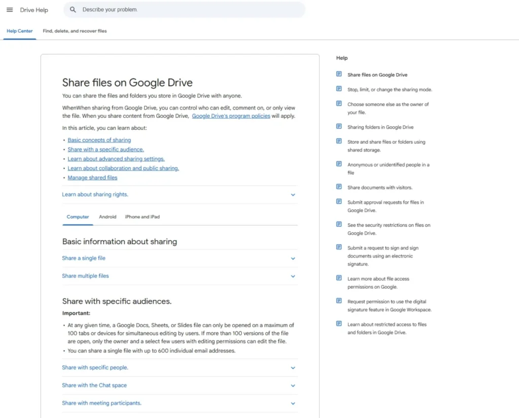 Google Drive help page showing the 600 individual email address sharing limit and 100 open tabs or devices editing limit